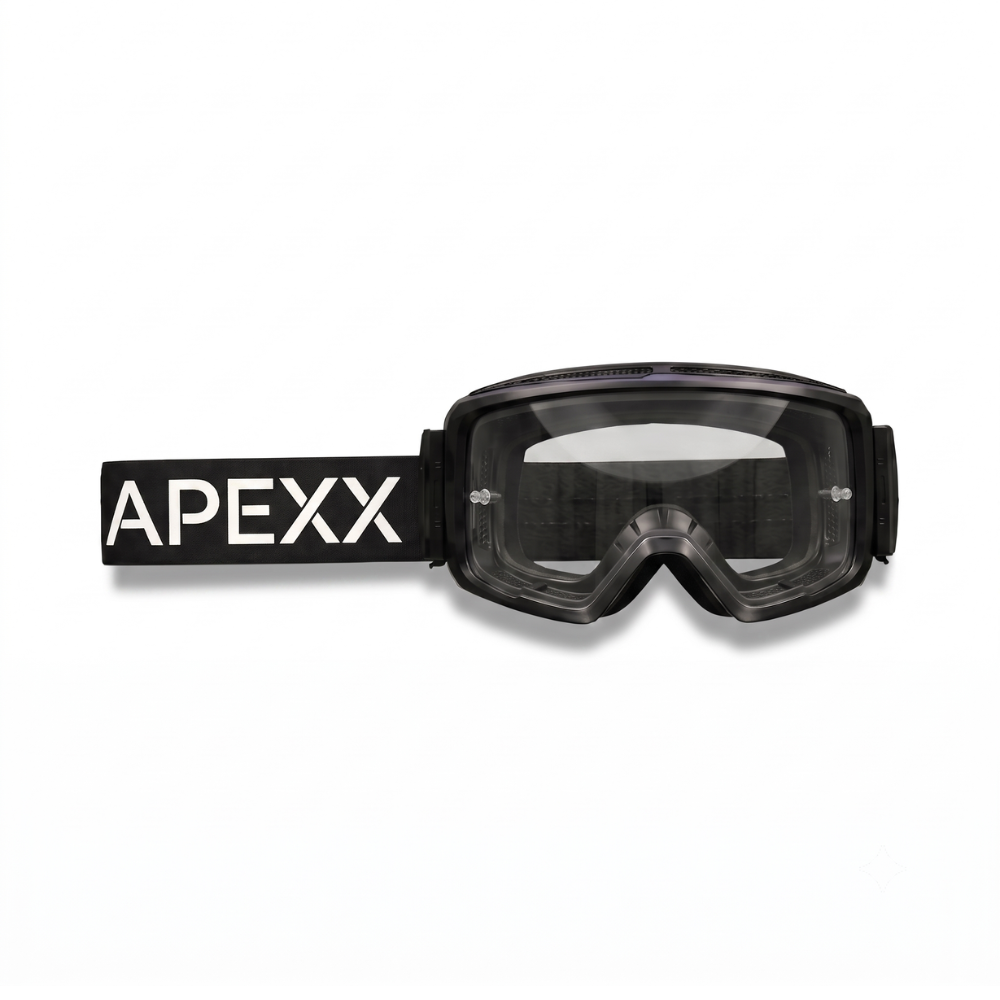 APEXX LGND goggles being worn on a mountain bike trail
