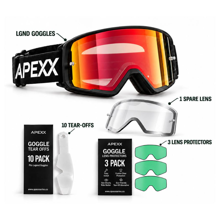APEXX LGND Moto & Enduro Bundle — goggles, spare lens, tear-offs and lens protectors